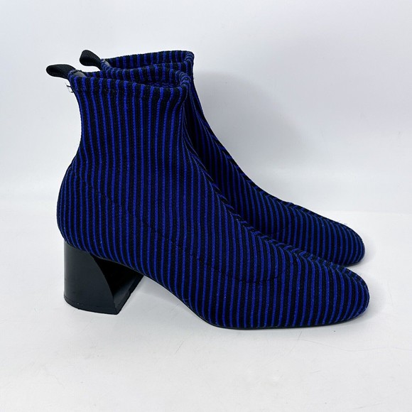 ZARA Trafaluc Sock Ankle Boots Size 6 Booties Blue Black Stripe Knit Block Heel - Picture 3 of 10